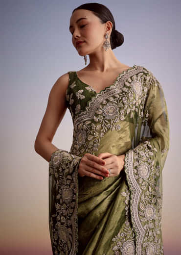 Olive Green Tissue Saree With Scallop Embroidered Border