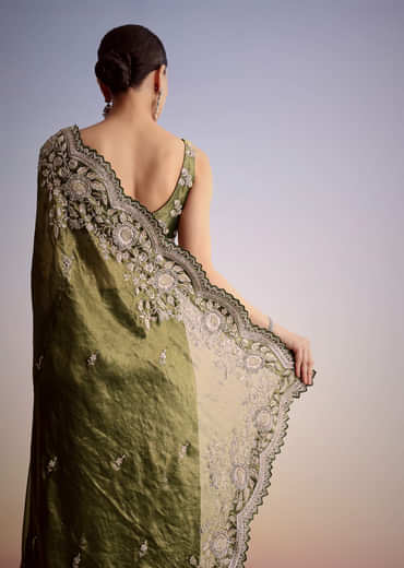 Olive Green Tissue Saree With Scallop Embroidered Border
