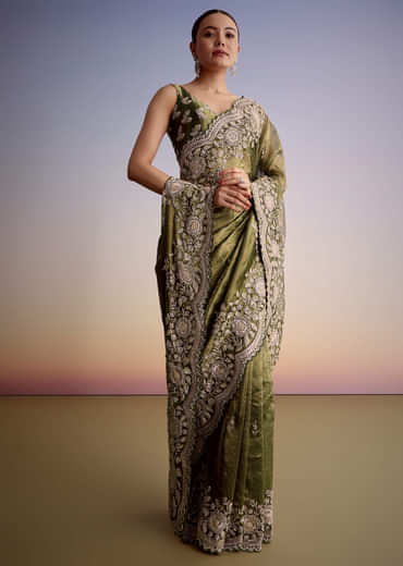 Olive Green Tissue Saree With Scallop Embroidered Border