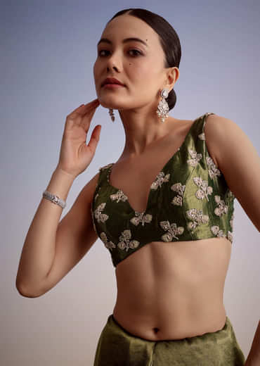 Olive Green Tissue Saree With Scallop Embroidered Border