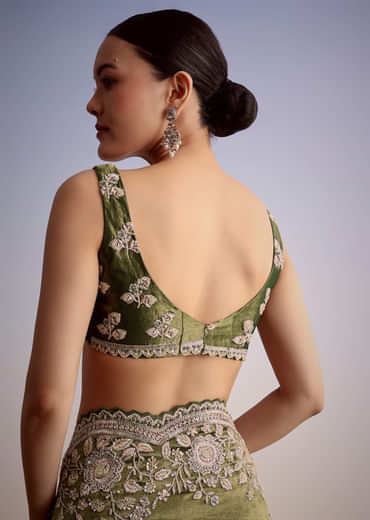 Olive Green Tissue Saree With Scallop Embroidered Border