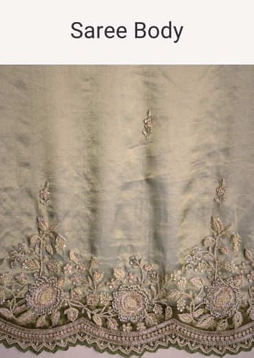 Olive Green Tissue Saree With Scallop Embroidered Border