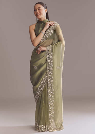 Olive Green Tissue Saree With Zari And Stone Embroidery