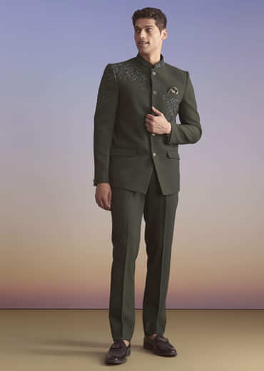 Olive Jodhpuri Suit For Men With Resham Work
