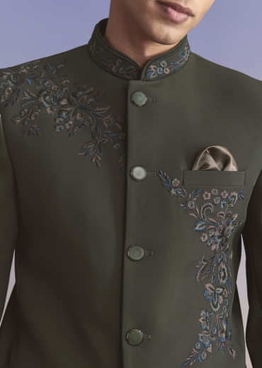 Olive Jodhpuri Suit For Men With Resham Work