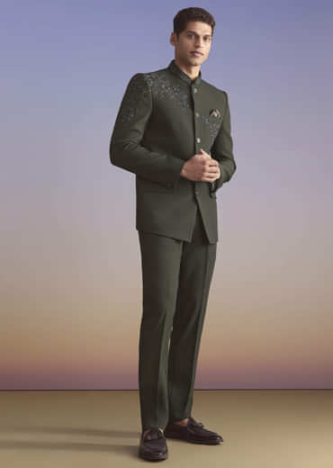 Olive Jodhpuri Suit For Men With Resham Work