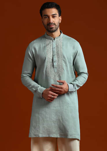 Olive Linen Kurta Set For Men With Resham Embroidery