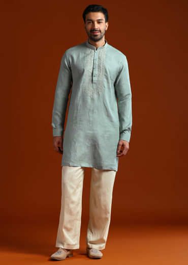 Olive Linen Kurta Set For Men With Resham Embroidery