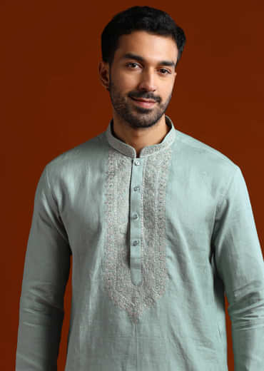 Olive Linen Kurta Set For Men With Resham Embroidery
