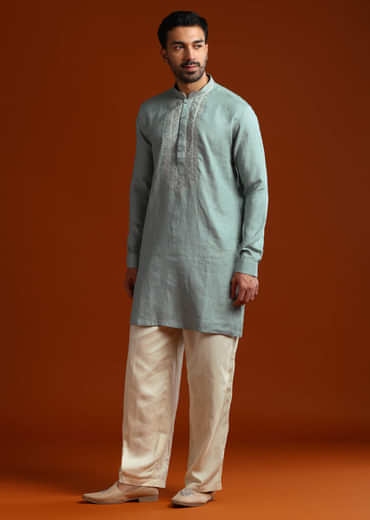 Olive Linen Kurta Set For Men With Resham Embroidery