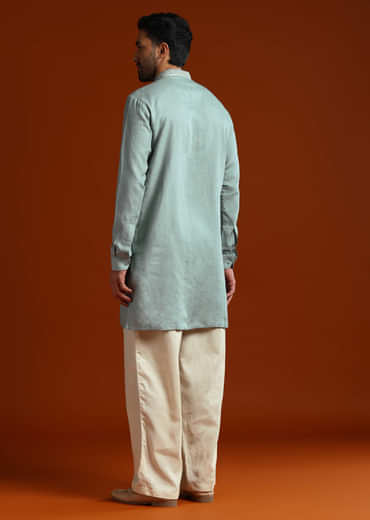 Olive Linen Kurta Set For Men With Resham Embroidery