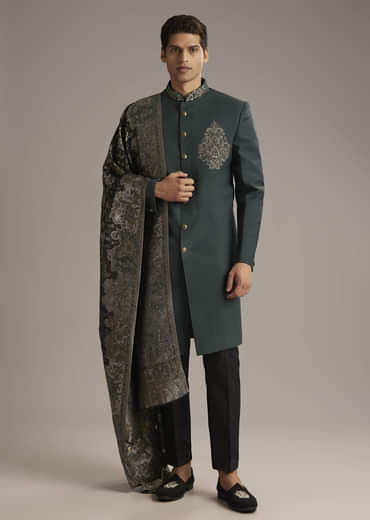 Olive Rayon Groomsman Sherwani With Intricate Hand Embroidery