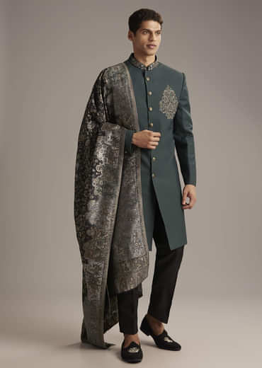 Olive Rayon Groomsman Sherwani With Intricate Hand Embroidery