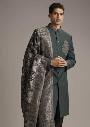 Olive Rayon Groomsman Sherwani With Intricate Hand Embroidery