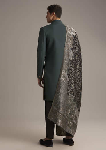 Olive Rayon Groomsman Sherwani With Intricate Hand Embroidery