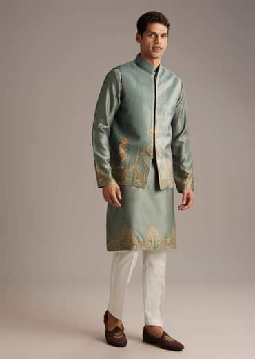 Olive Velvet Kurta Jacket Set For Men With Geometric Print