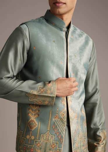 Olive Velvet Kurta Jacket Set For Men With Geometric Print