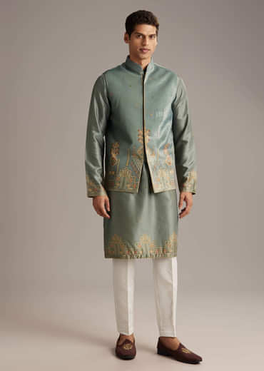 Olive Velvet Kurta Jacket Set For Men With Geometric Print