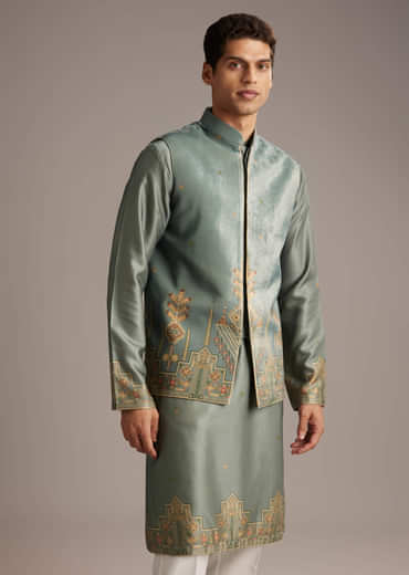 Olive Velvet Kurta Jacket Set For Men With Geometric Print