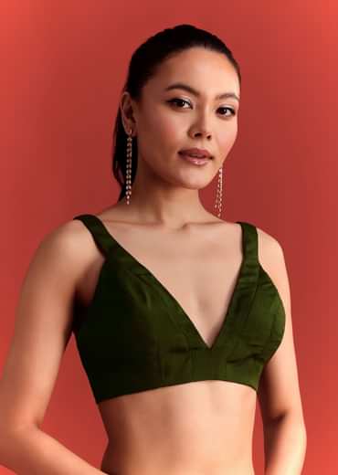 Olive Green Chinnon Saree With Cutdana Work