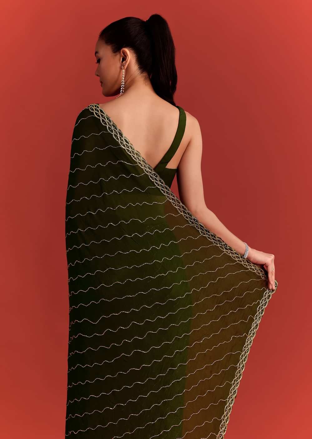 Olive Green Chinnon Saree With Cutdana Work