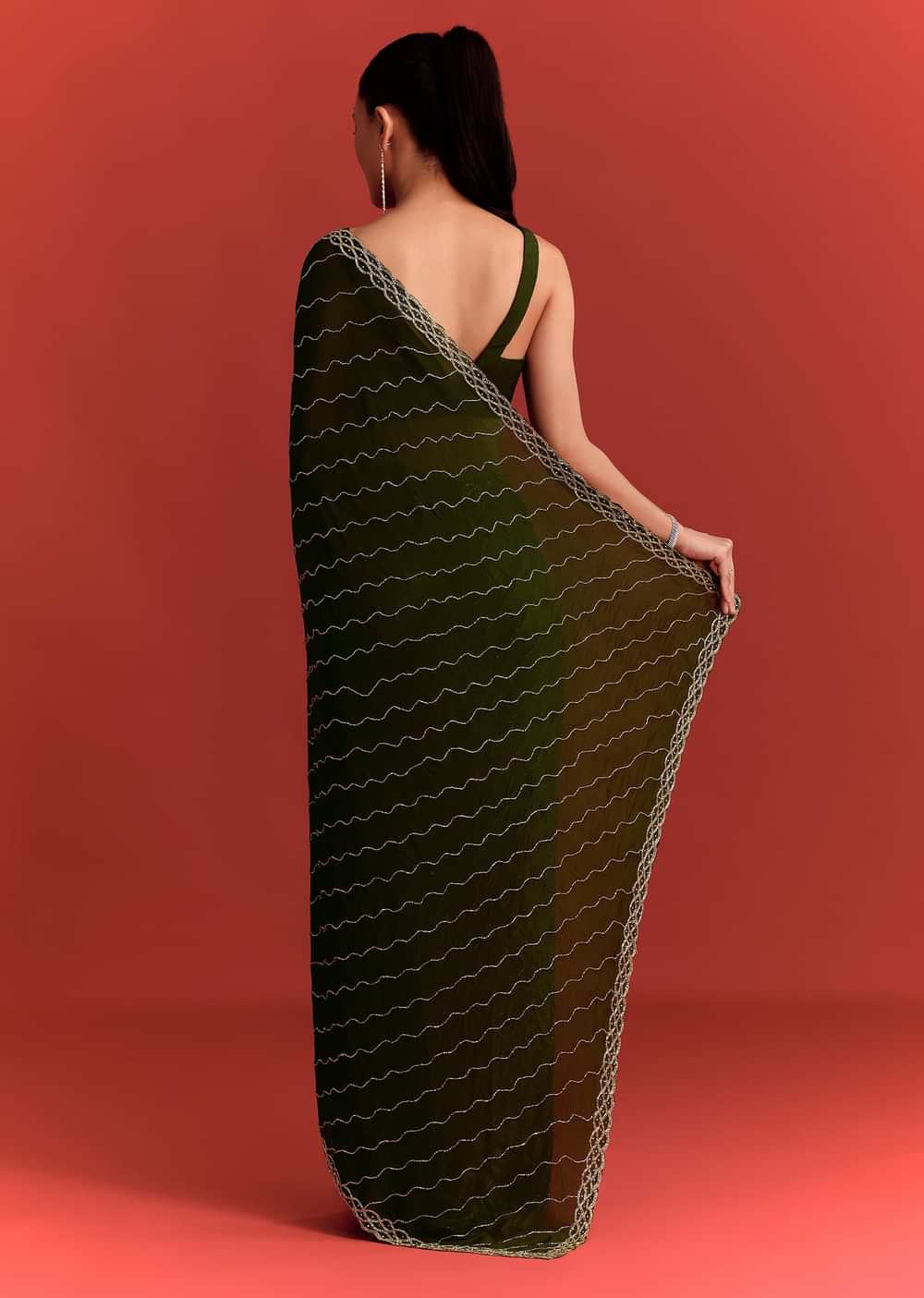 Olive Green Chinnon Saree With Cutdana Work