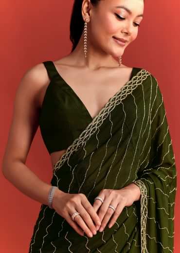 Olive Green Chinnon Saree With Cutdana Work