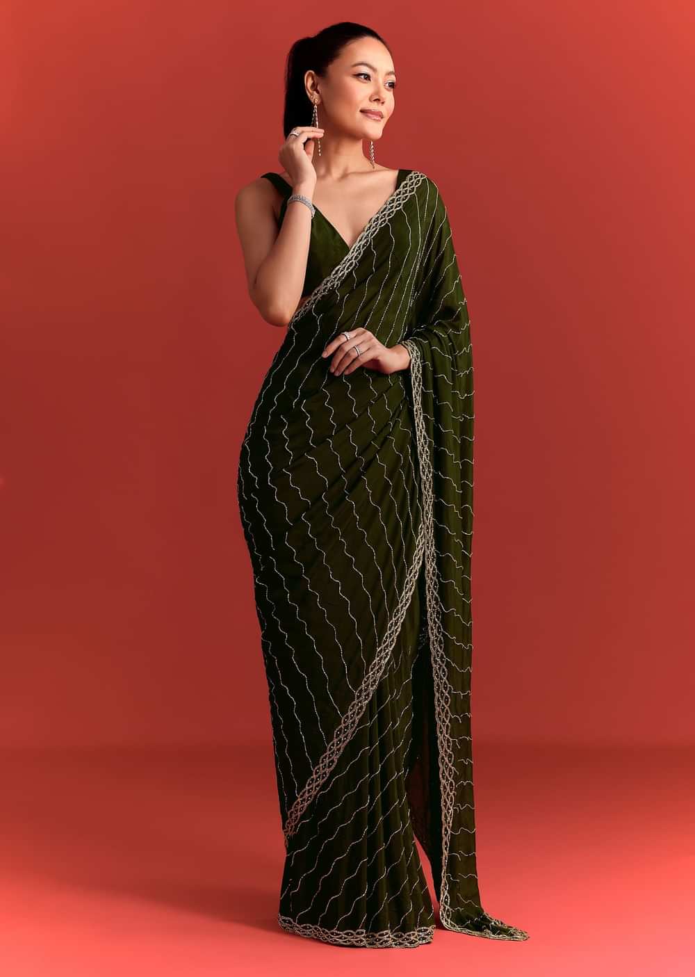 Olive Green Chinnon Saree With Cutdana Work