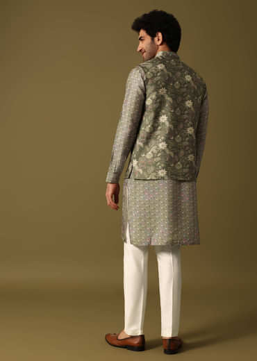 Olive Green Cutdana Embroidered Kurta Jacket Set For Men