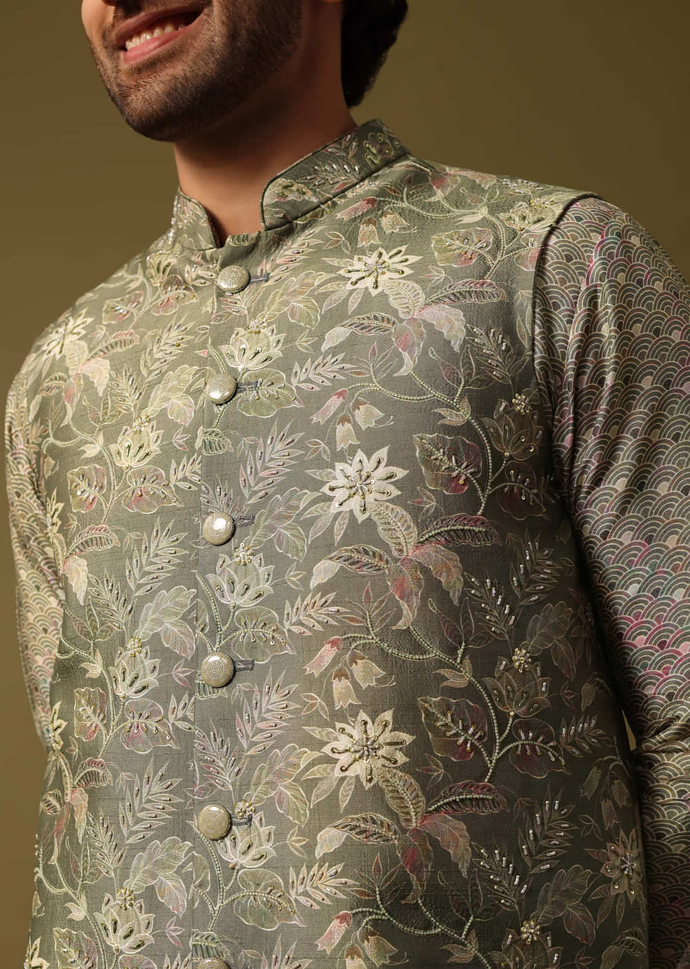 Olive Green Cutdana Embroidered Kurta Jacket Set For Men