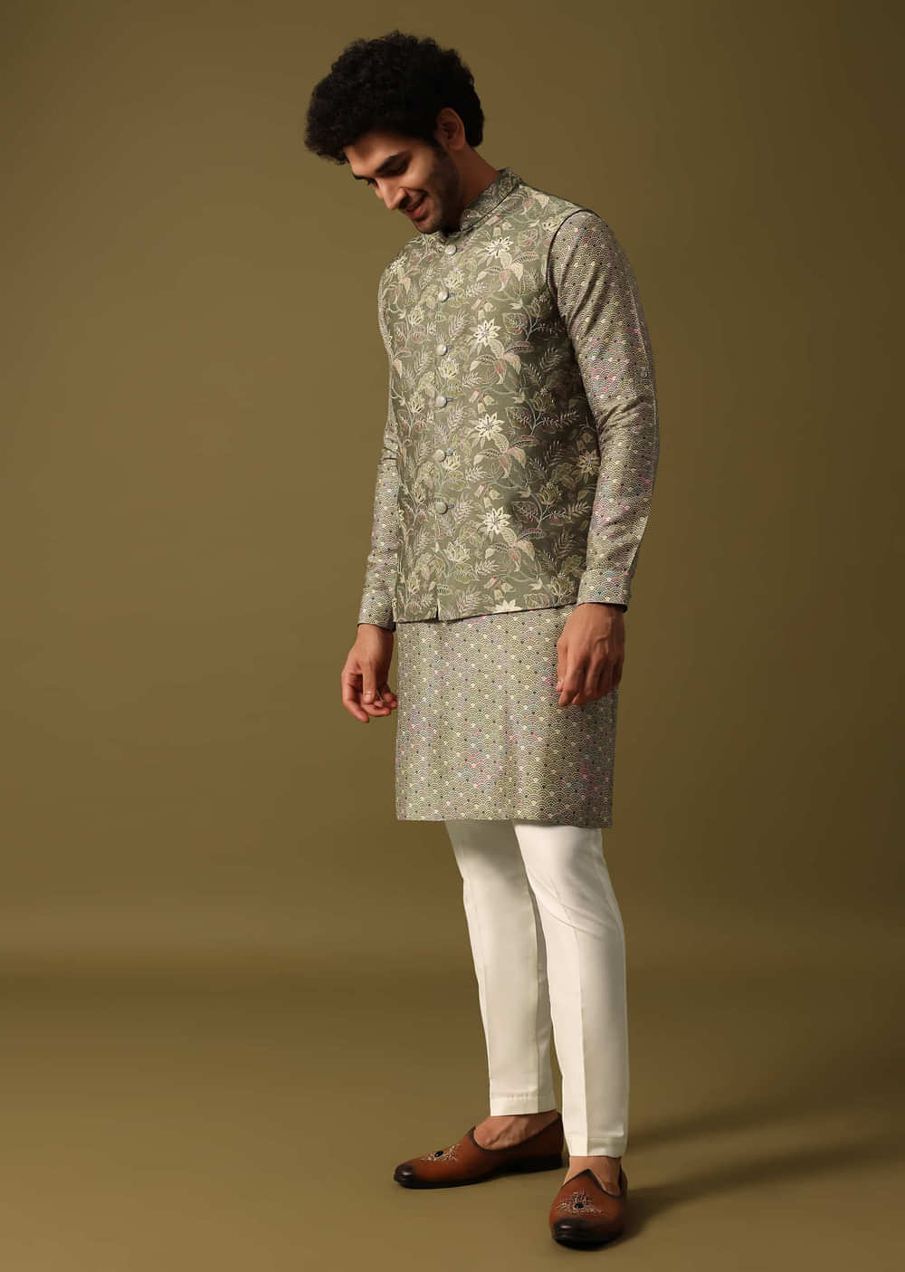 Olive Green Cutdana Embroidered Kurta Jacket Set For Men