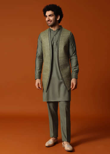 Olive Green Embroidered Kurta Jacket Set For Men