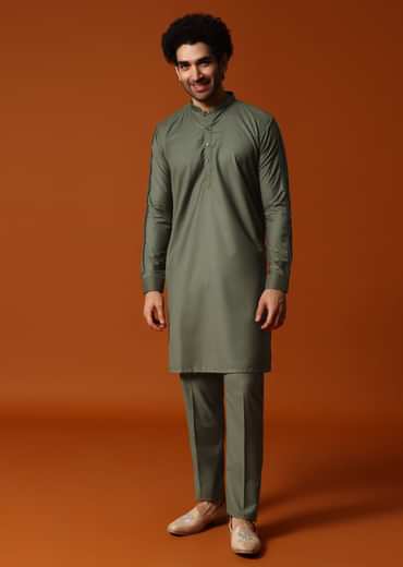 Olive Green Embroidered Kurta Jacket Set For Men