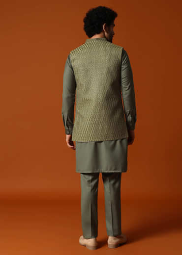 Olive Green Embroidered Kurta Jacket Set For Men