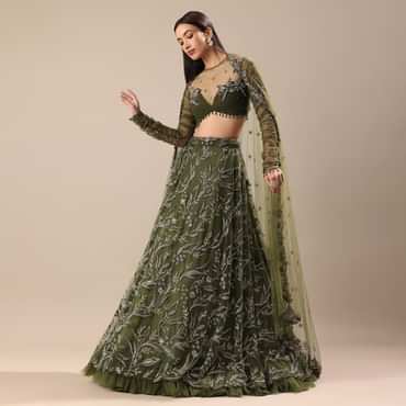 Olive Green Embroidered Lehenga And Blouse With Dupatta