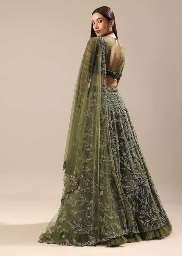 Olive Green Embroidered Lehenga And Blouse With Dupatta