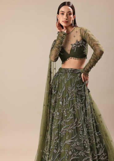 Olive Green Embroidered Lehenga And Blouse With Dupatta