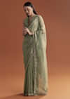 Olive Green Jacquard Saree With Stone And Sequin Embroidery