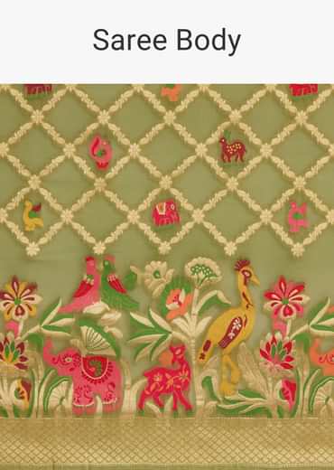 Olive Green Khaddi Georgette Jaal Work Saree With Animal Bird Motifs