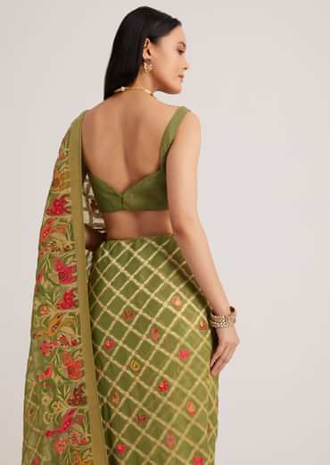 Olive Green Khaddi Georgette Jaal Work Saree With Animal Bird Motifs