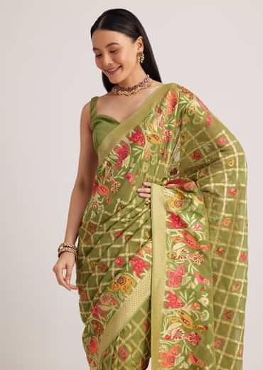 Olive Green Khaddi Georgette Jaal Work Saree With Animal Bird Motifs
