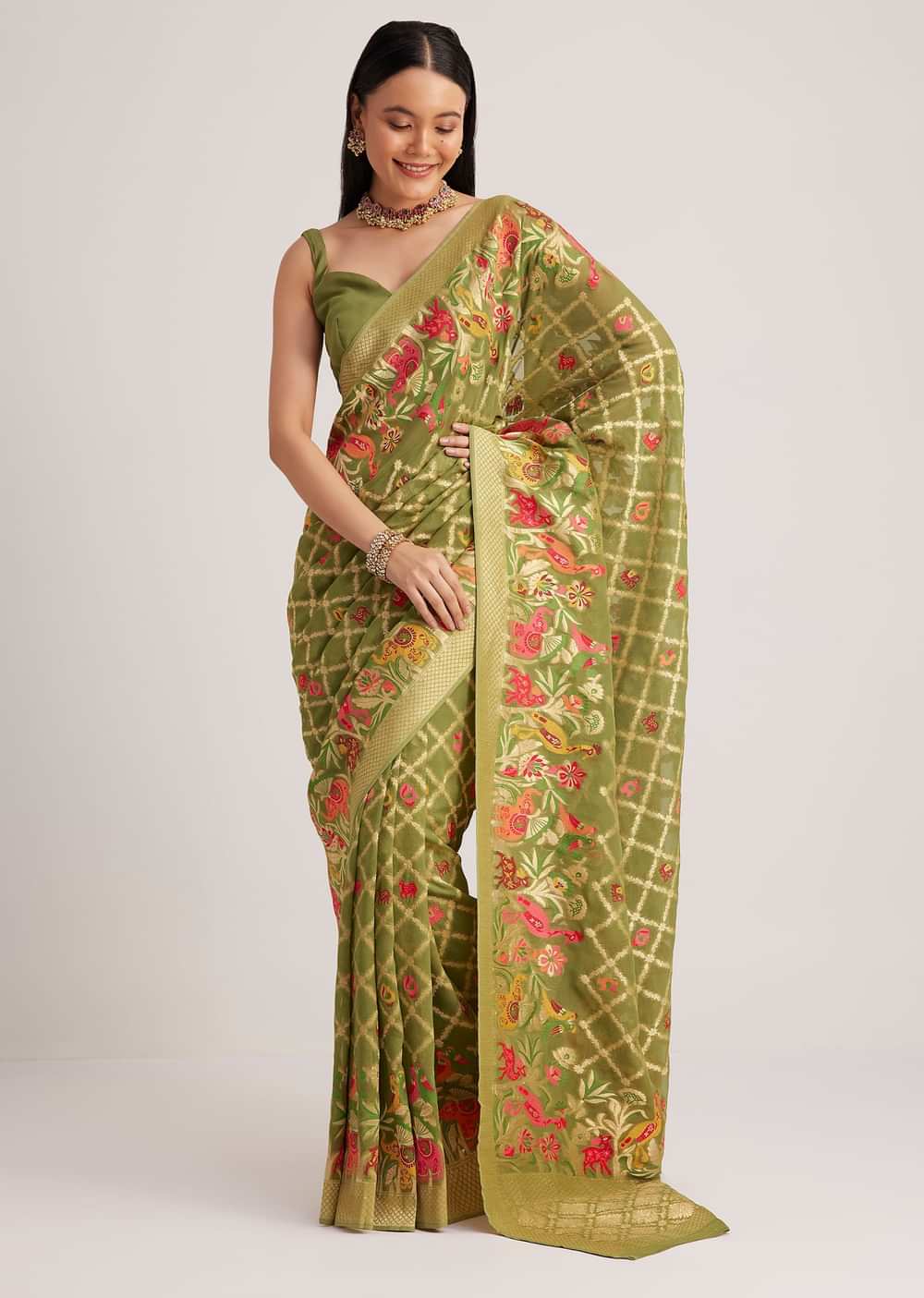 Olive Green Khaddi Georgette Jaal Work Saree With Animal Bird Motifs