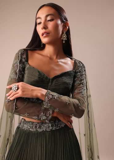 Olive Green Lehenga With Embroidered Blouse And Dupatta
