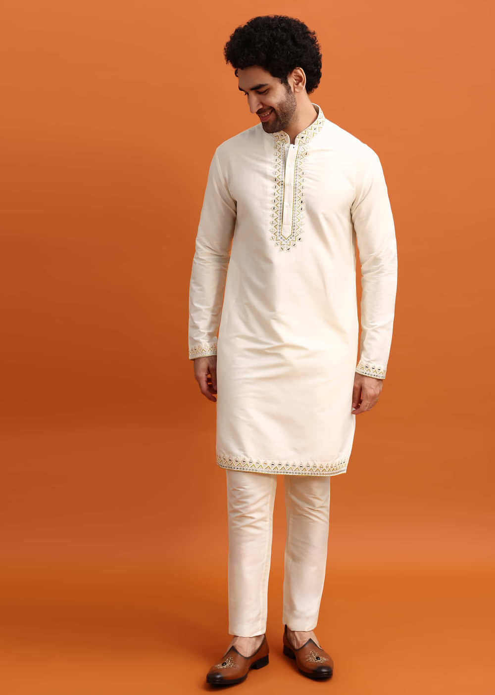 Olive Green Silk Kurta Jacket Set With Mirror Work