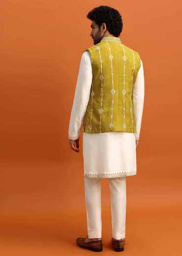 Olive Green Silk Kurta Jacket Set With Mirror Work