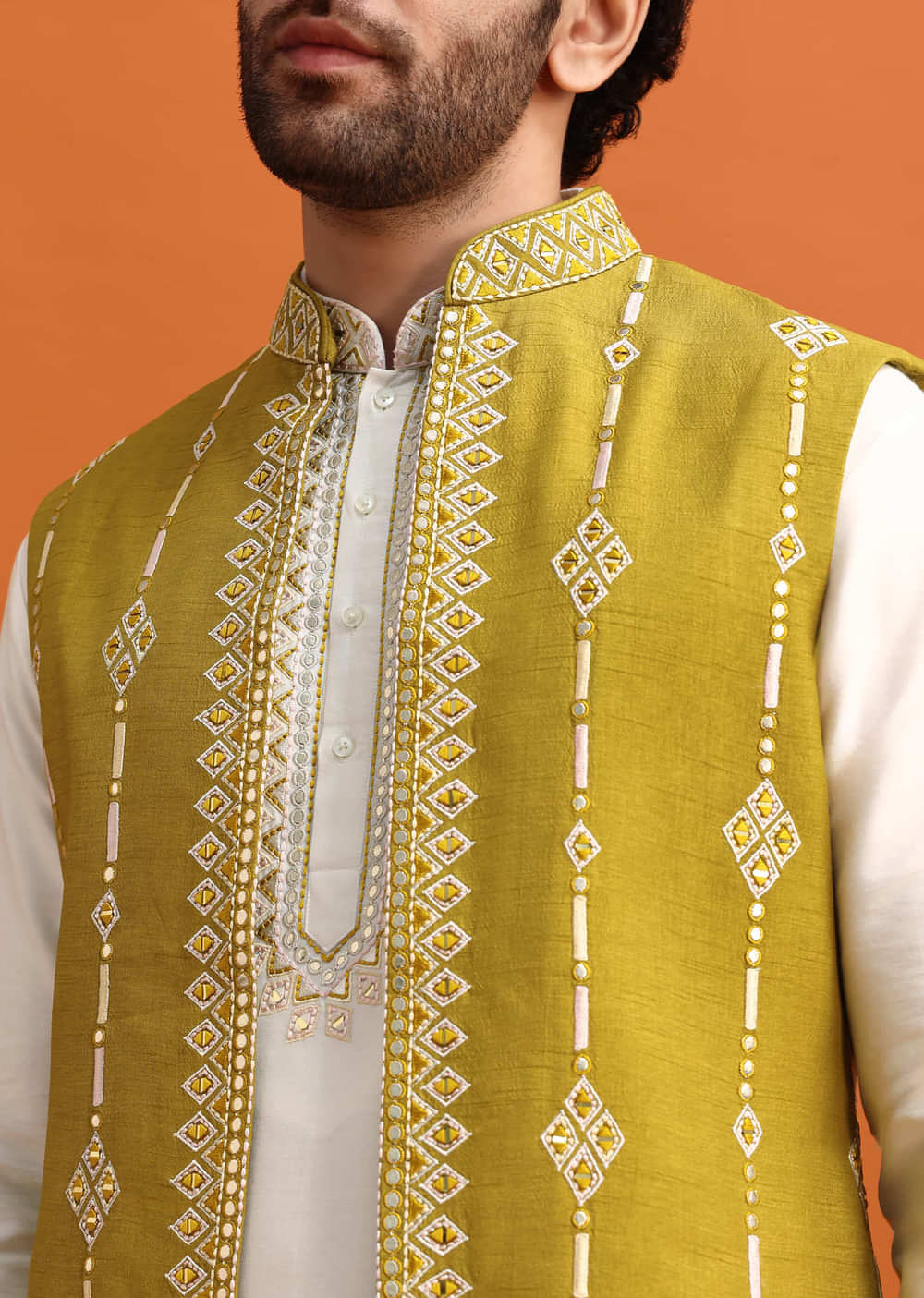 Olive Green Silk Kurta Jacket Set With Mirror Work