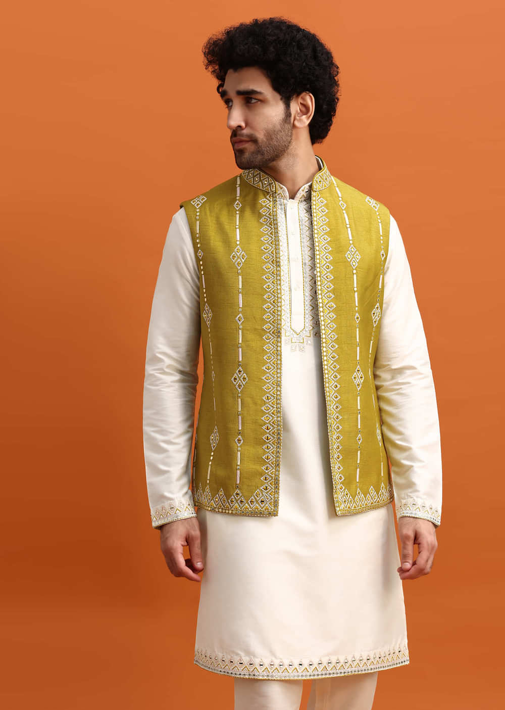 Olive Green Silk Kurta Jacket Set With Mirror Work