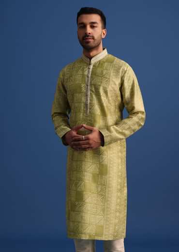 Olive Green Silk Printed Kurta Set