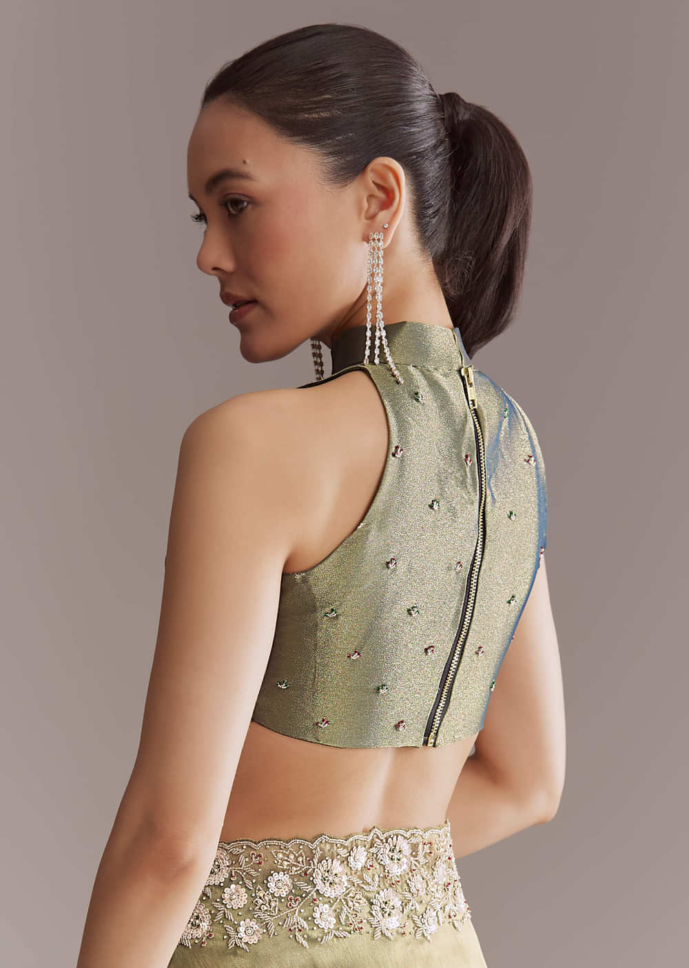 Olive Green Tissue Saree With Zari And Stone Embroidery