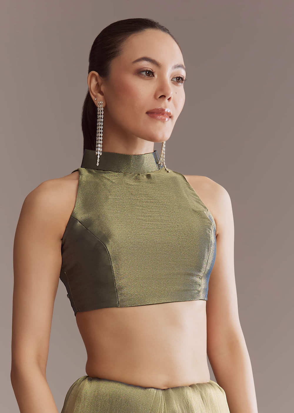 Olive Green Tissue Saree With Zari And Stone Embroidery